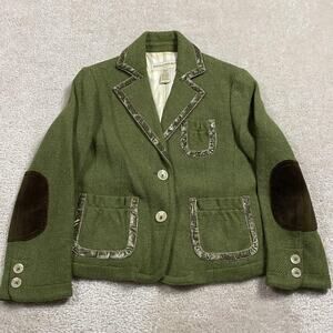 Banana Republic Blazer Womens 2 Green Wool Tweed Elbow Patch Herringbone Preppy